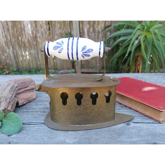 Vintage Brass Coal Iron With Blue Dutch Style Ceramic Handle - Picture 1 of 10